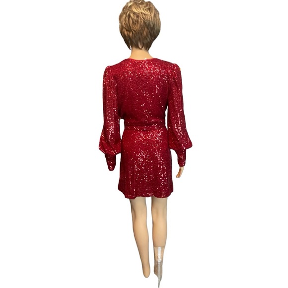 Gianni Bini Long Blouson Sleeve Wrap Mini Dress Red Sequin - Picture 5 of 8
